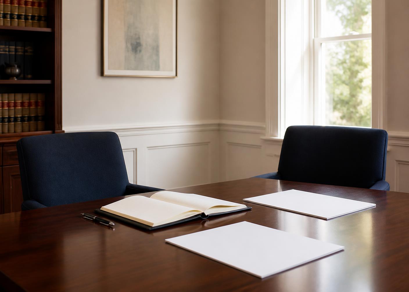Mesa de reunião do escritório preparada para atendimento e análise documental